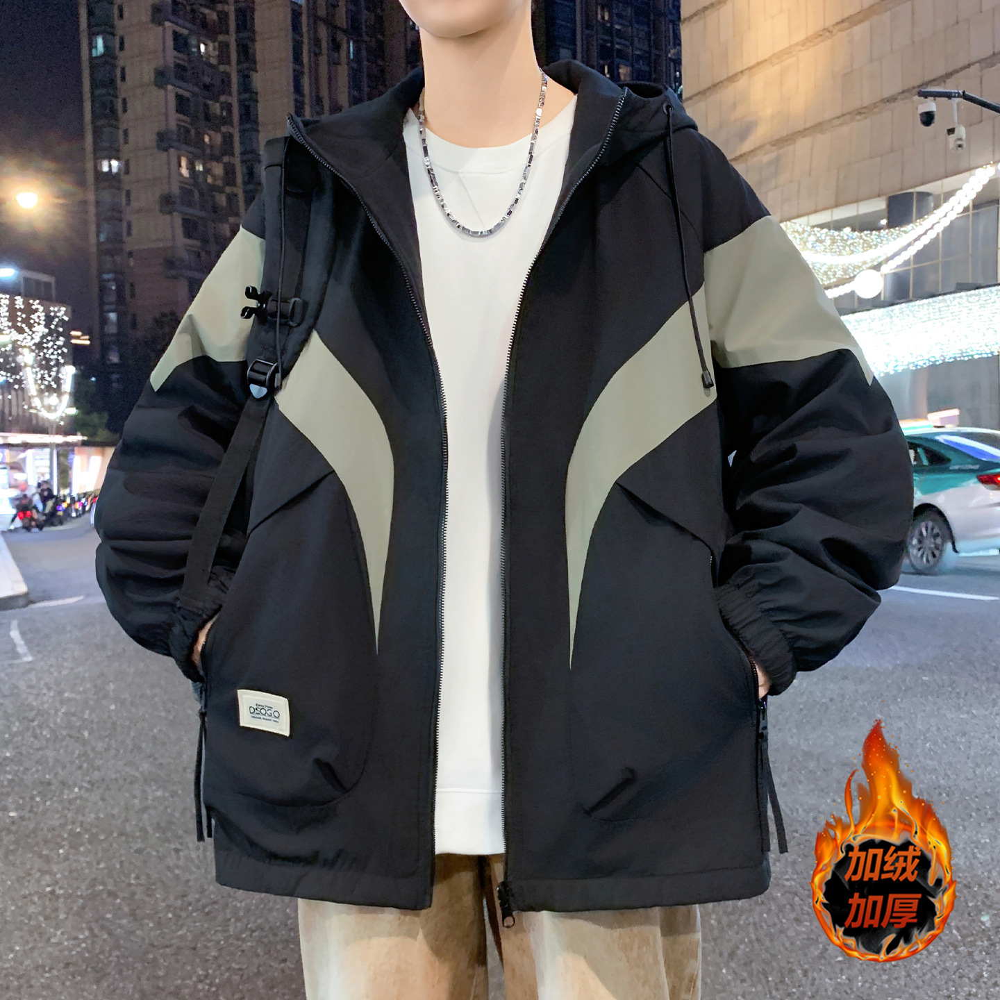 明星同款冲锋衣外套男初中高中学生加绒加厚夹克青少年大童装棉服