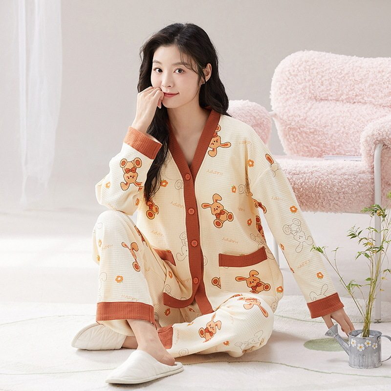 撤柜睡衣长袖女卡通可爱甜美休闲和服日系棉质带胸垫家居服套装
