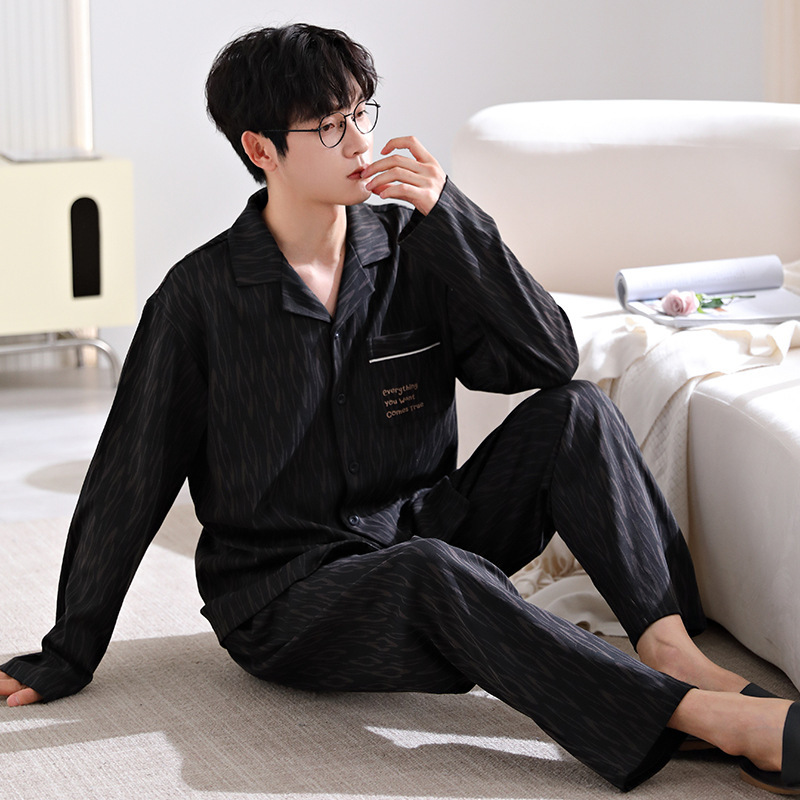 个性新品新品纯棉男士长袖长裤睡衣开衫翻领加肥大码全棉长袖家居