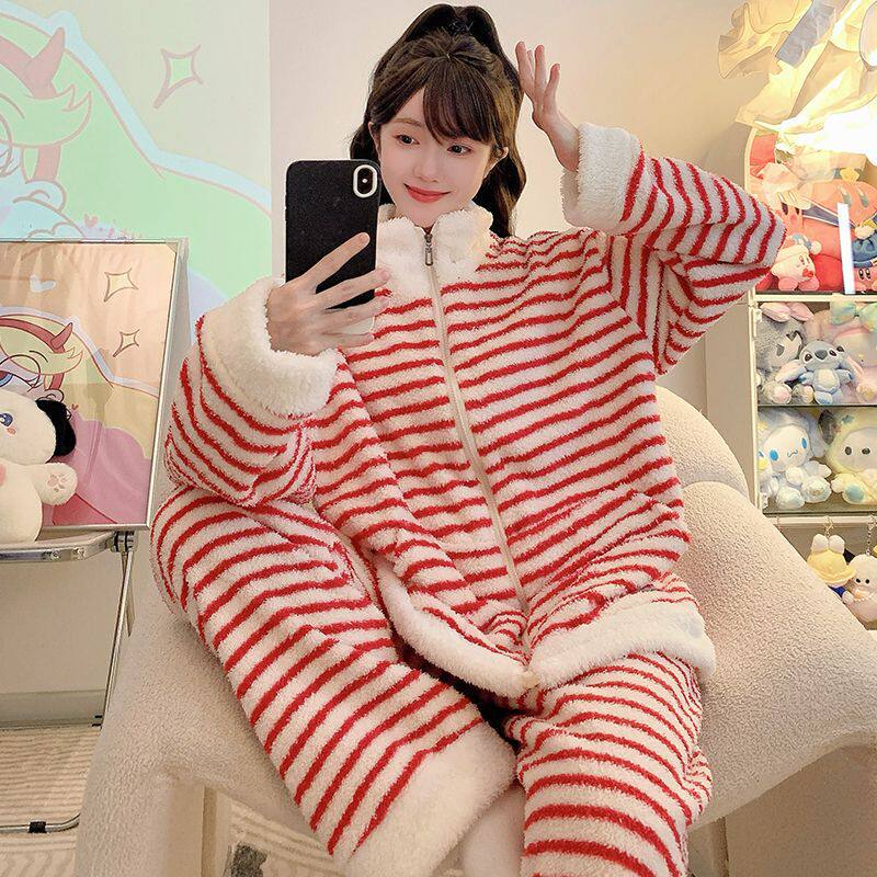 撤柜胖mm睡衣女新款甜美条纹拉链开衫加绒加厚半边绒大码家居服