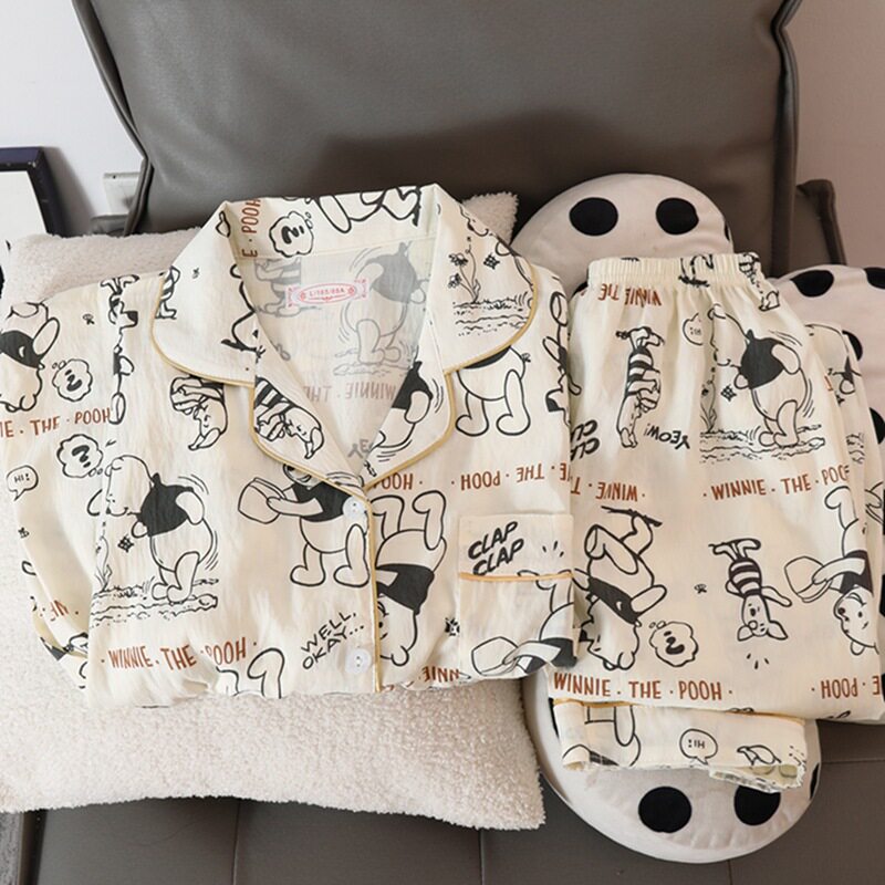 德国维尼小熊睡衣女长袖长裤款云朵棉纱套装卡通可爱家居服夏季