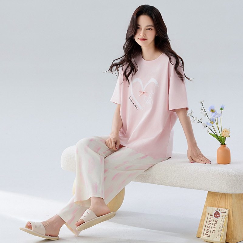 德国A抗菌大码棉睡衣女款夏季纯棉薄款圆领短袖长裤全棉家居服