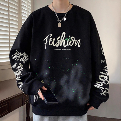 明星同款字母印花卫衣男生款加绒加厚圆领长袖外套青少年休闲上衣