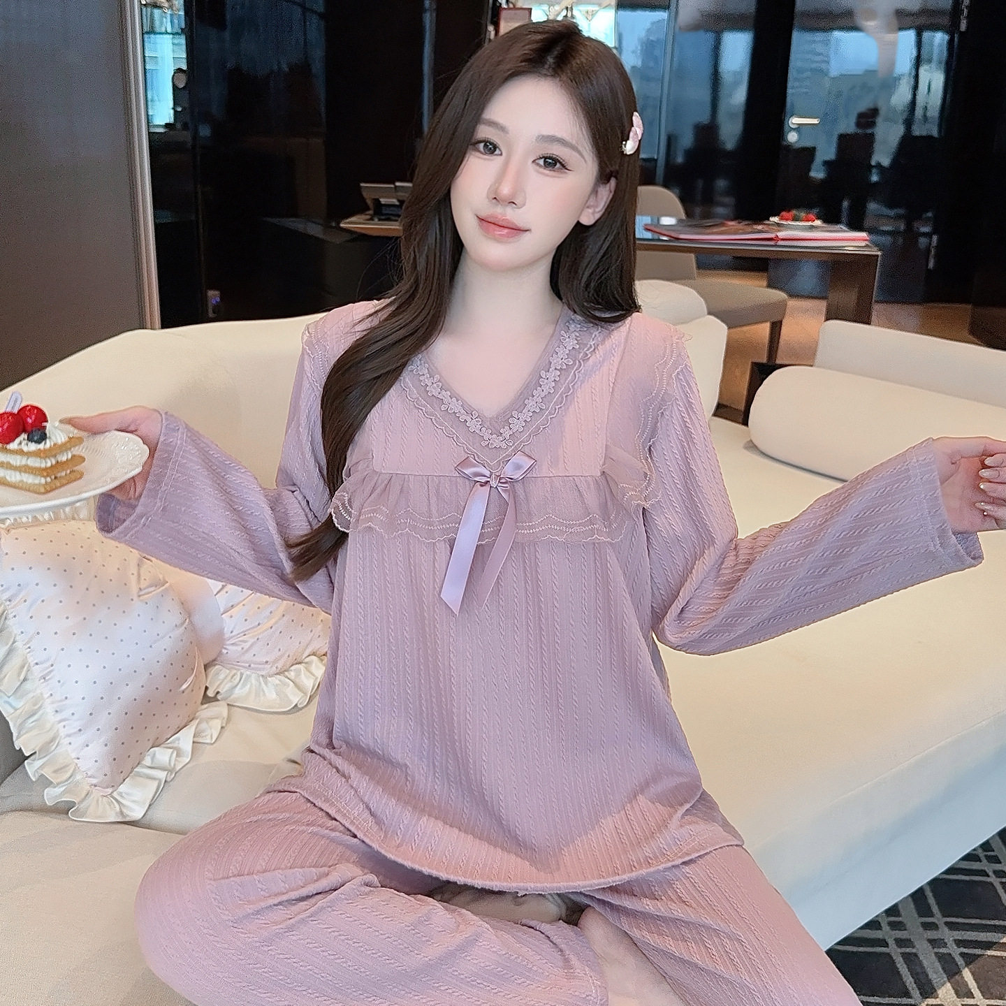 撤柜胖mm睡衣女款季甜美蕾丝花边长袖长裤宽松加肥大码家居服套装