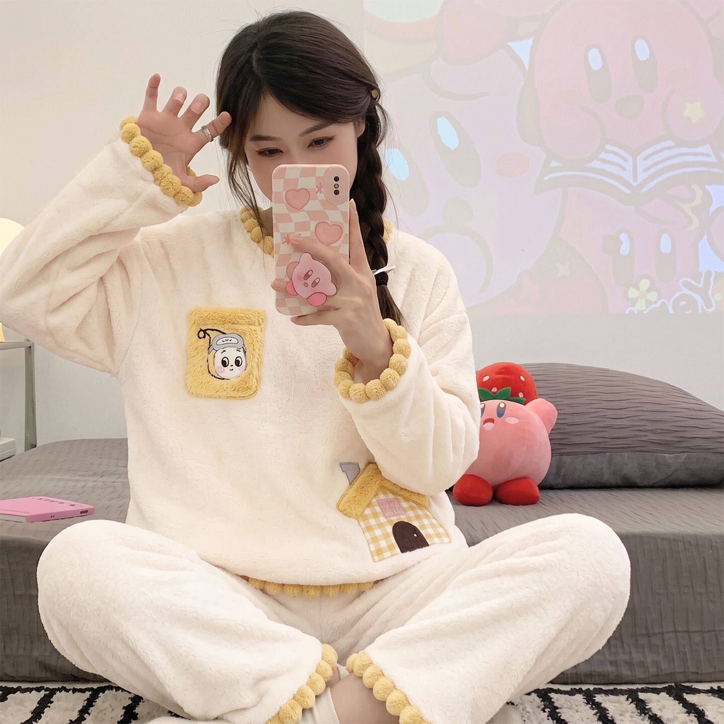 撤柜外贸睡衣女新款加厚可爱卡通圆领长袖家居服套装可外穿