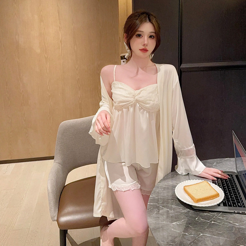 德国夏季新款吊带睡衣女吊带短裤三件套网纱薄款性感带胸垫睡袍