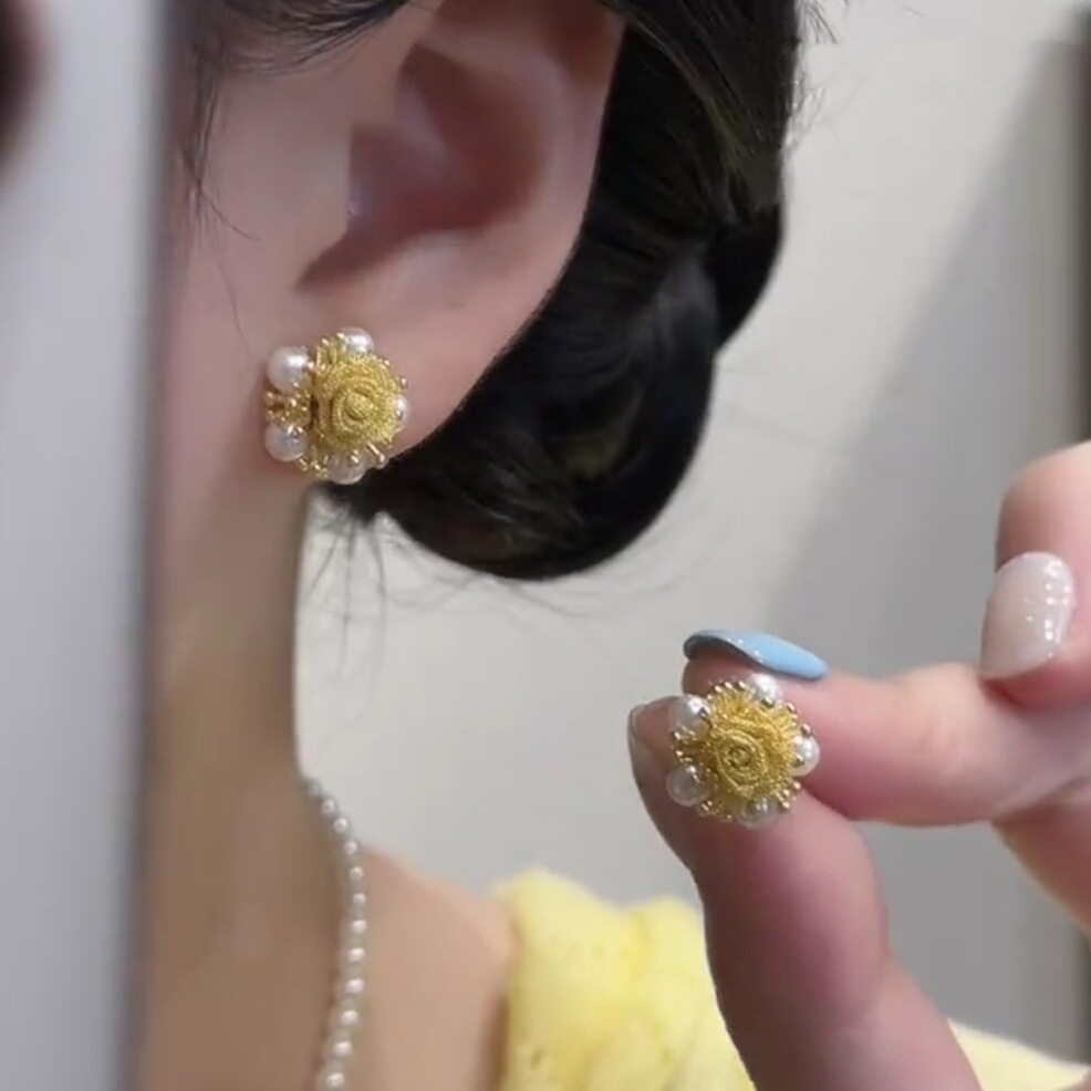 德国法式设计感黄色花朵珠珠耳钉耳环女气质温柔甜美配饰新款