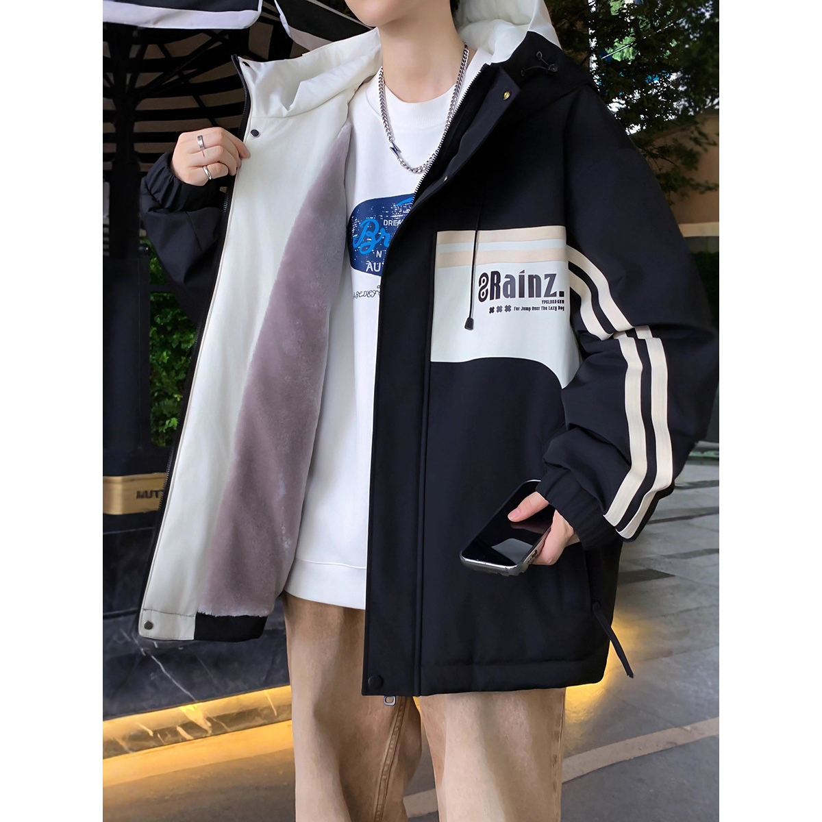 大牌高端青少年外套冲锋衣男初中高中学生加绒加厚大童男装夹克棉