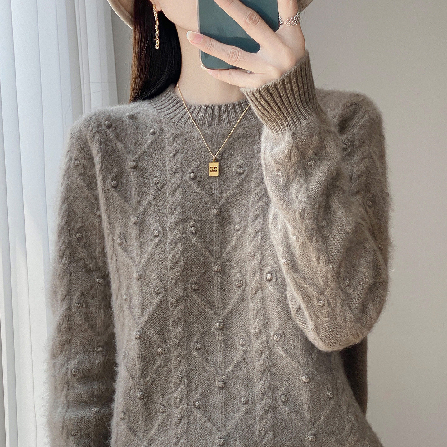 进口复古麻花%纯羊毛衫女加厚圆领毛衣新款宽松针织衫上衣