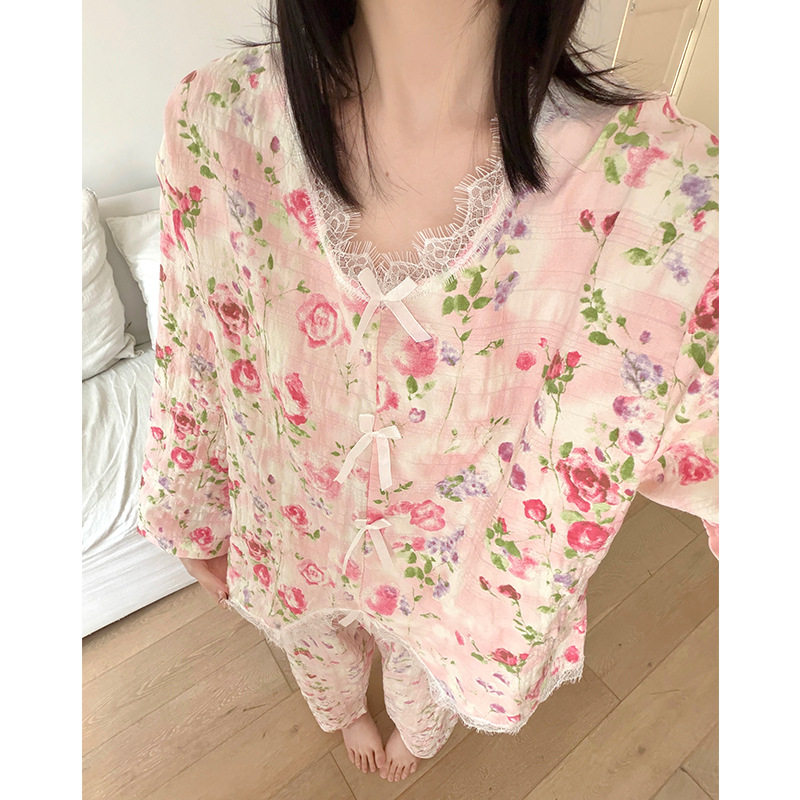 撤柜外贸睡衣女款季甜美碎花云朵棉蕾丝长袖家居服套装可外穿