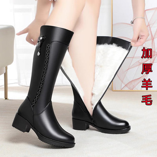 进口季真皮女靴防滑长靴粗跟加绒羊毛里高筒皮靴马靴女棉鞋中筒靴