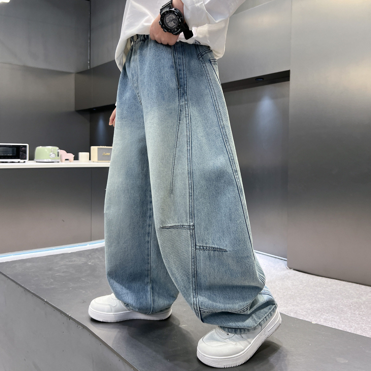 进口男童牛仔裤子款新款初中生直筒男孩儿童大童宽松休闲长裤