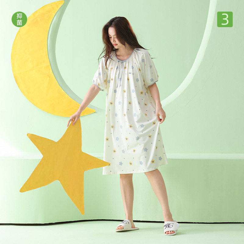 德国【超柔软】莫代尔a类星星印花睡裙女夏宽松圆领短袖透气减龄