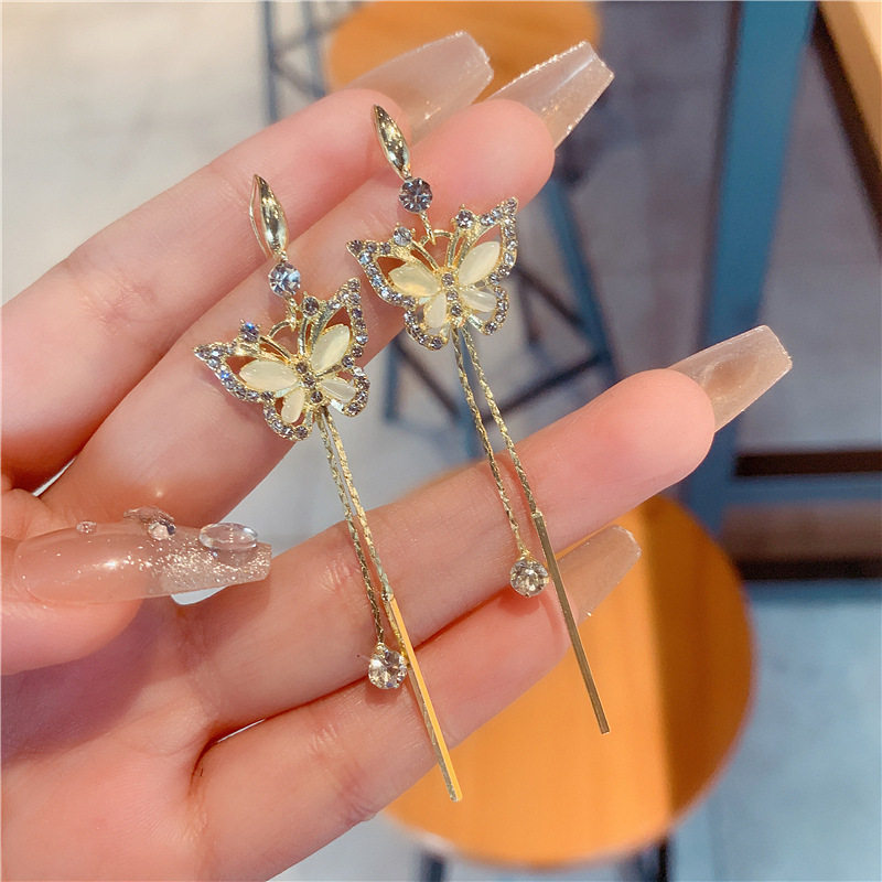 撤柜超仙猫眼石蝴蝶流苏耳环小众设计感百搭气质轻奢高级感耳饰