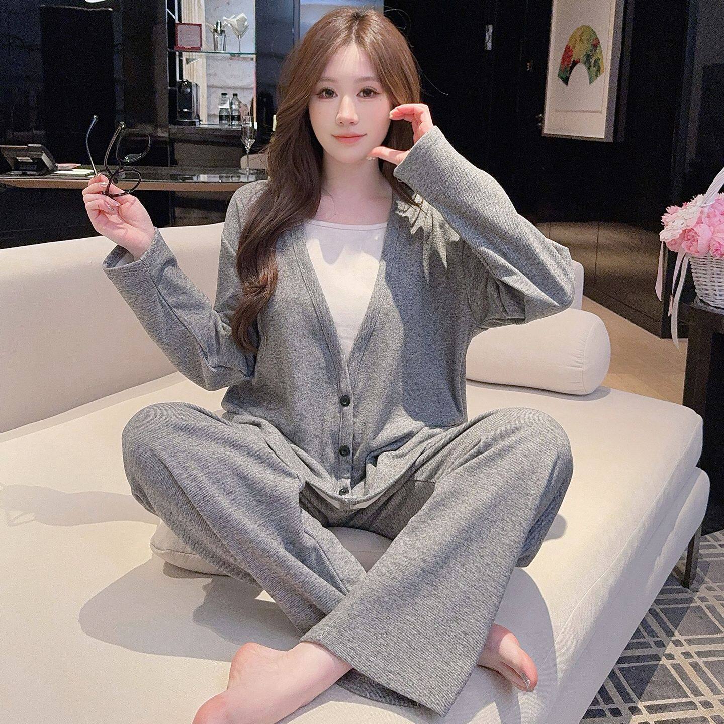 撤柜胖mm睡衣女款慵懒风休闲假两件长袖仿羊绒家居服套装可外穿