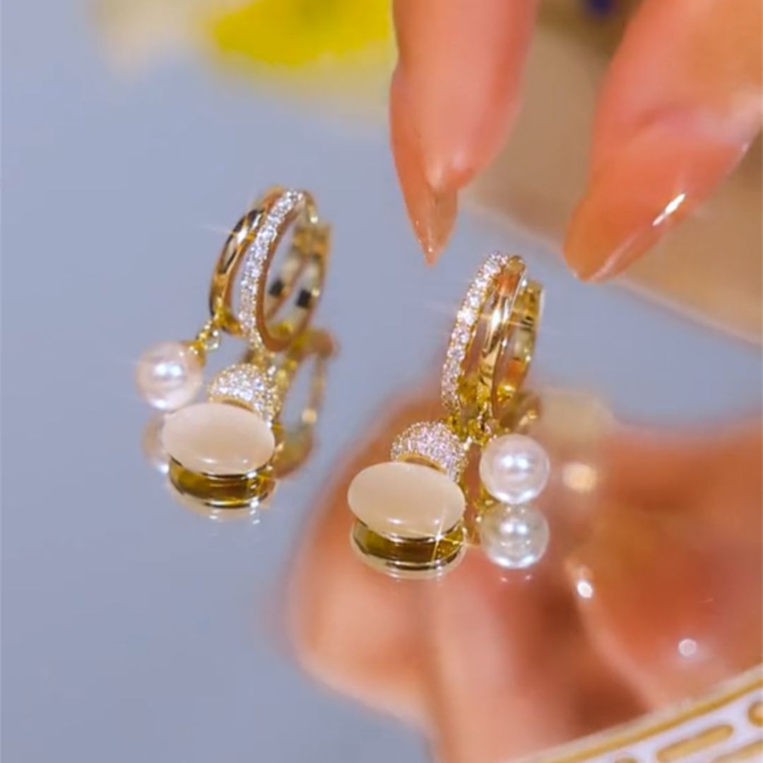 德国猫眼石福禄葫芦珍珠耳扣耳环女短款精致设计感网红百搭耳饰新