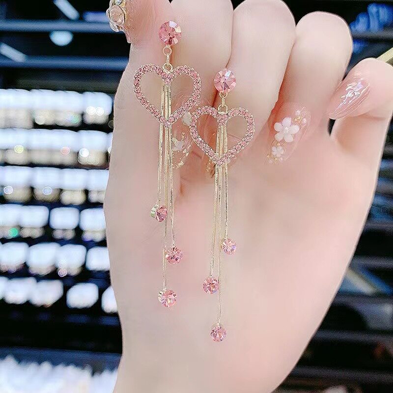 撤柜高级感时尚镶钻爱心流苏耳环耳钉气质长款心形耳坠超闪网红耳