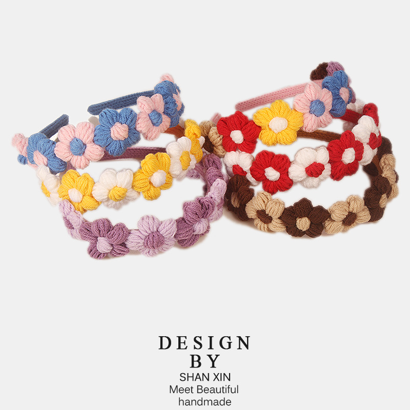 彩色泡芙花朵发箍手工毛线钩织糖果可爱甜美少女儿童秋冬洗脸头饰