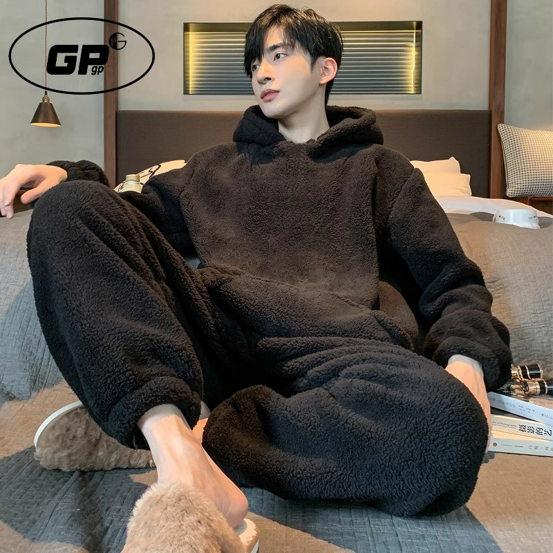 日本GP珊瑚绒睡衣男2025新款秋冬季加厚加绒保暖青少年家居服套装