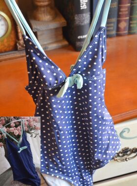 I4-18出口高端法国LH 蓝色/波点 甜美优雅清新款女儿童连体泳衣