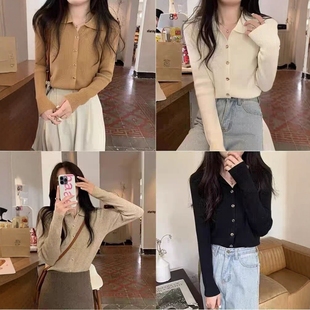 女秋 V领坑条打底衫 太治愈 港风复古柔软舒适金属扣polo领针织衫