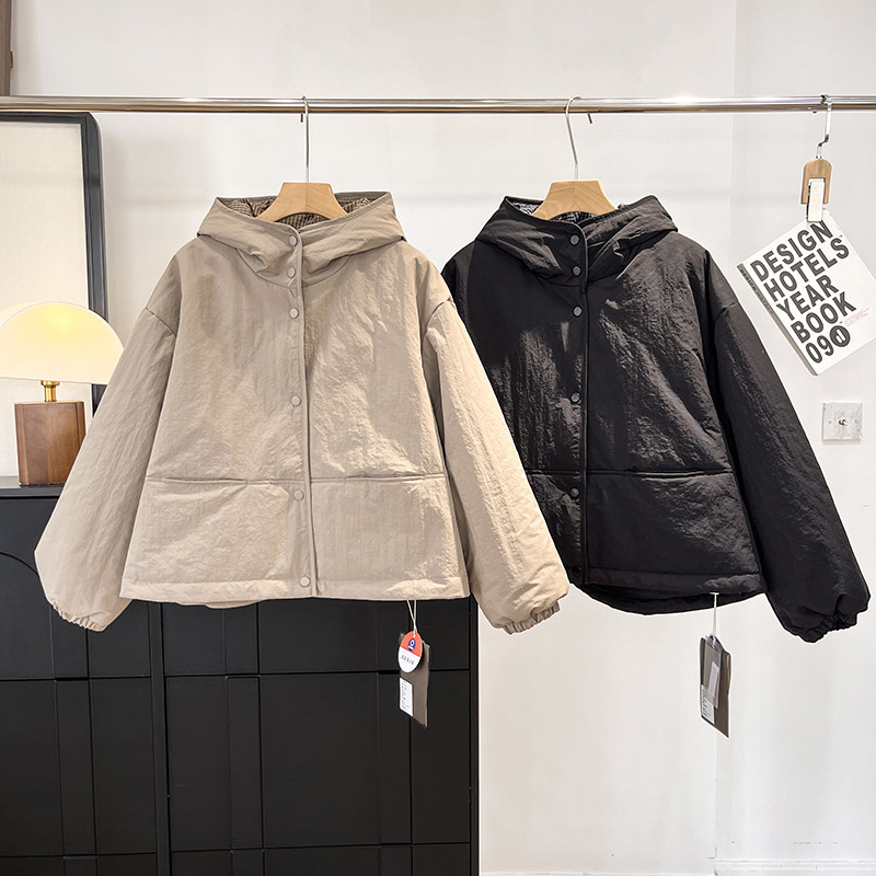 一定要买列！撞色格纹拼接宽松百搭加厚蓄热保暧连帽棉服外套女冬