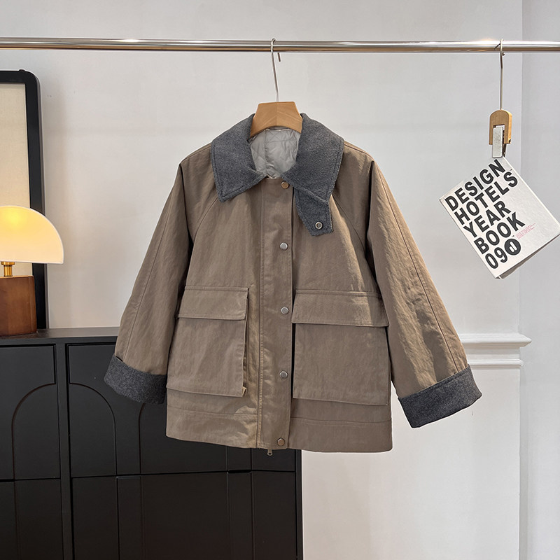 柜上4W+老钱风羊毛翻领夹棉工装夹克短款风衣保暖棉服外套女秋冬