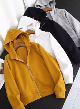 LU系风！春季新款宽松百搭纯色休闲运动连帽长袖拉链开衫卫衣外套