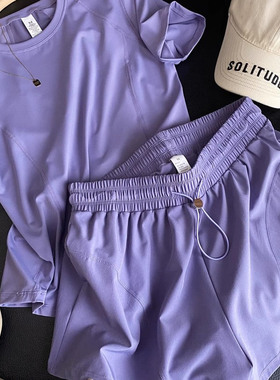 LU同款~修身弹力后背网纱透气排汗速干短袖T恤短裤运动瑜伽套装女