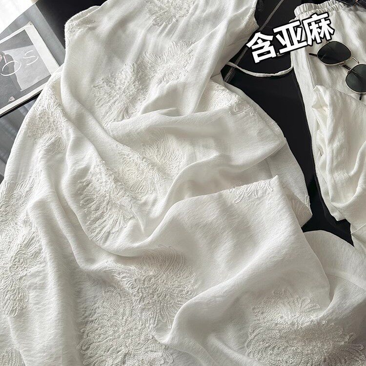 超美~博主同款!高端醋酸亚麻重工万针刺绣白色无袖连衣裙长裙女
