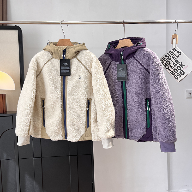 大厂订单！撞色拼接加厚保暖仿羊羔毛连帽摇粒绒开衫卫衣外套女冬