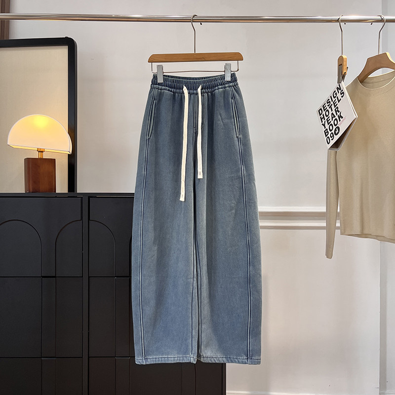 大厂订单！松紧腰莱赛尔加绒加厚斜纹软牛仔保暖直筒香蕉裤牛仔裤