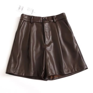 女靴裤 复古高腰显瘦百搭纯色PU皮阔腿休闲短裤 秋冬新款 大厂订单