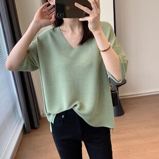 木巨3000 T恤女 宽松慵懒压褶弹力洋气三宅莫代尔V领针织真丝短袖