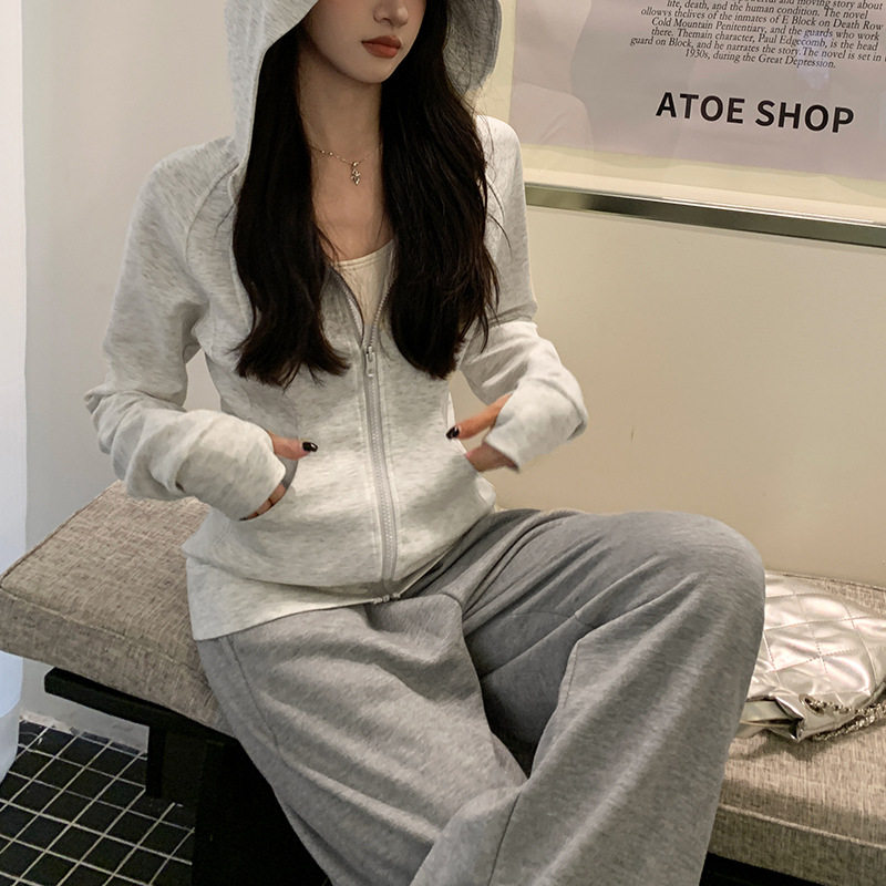 早八女孩 修身连帽卫衣女美式休闲运动外套百搭长袖小个子开衫