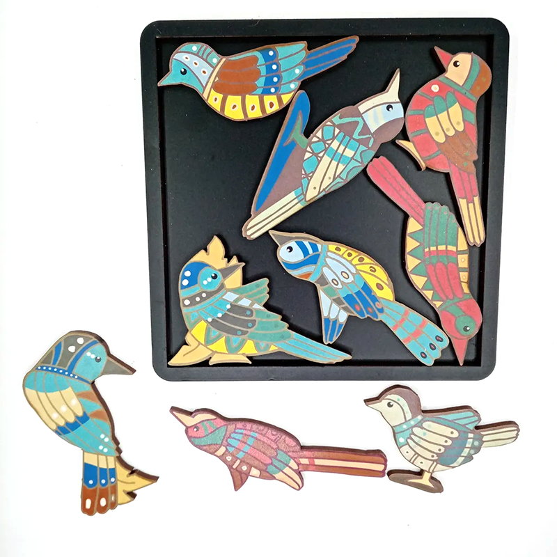 entretentemente五彩斑斓的鸟拼图colorful birds 手绘木质puzzle
