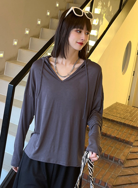 春季韩版外穿莫代尔长袖T恤女连帽薄纯色卫衣宽松打底衫防晒上衣