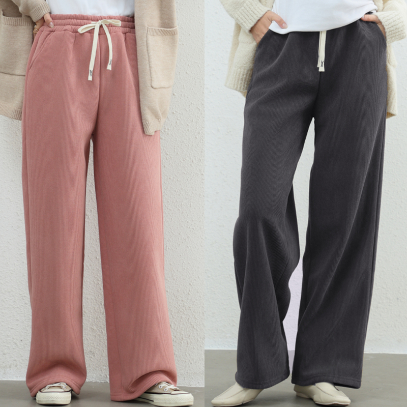 秋冬慵懒风宽松外穿罗纹长裤女裤加绒加厚直筒裤灯芯绒抓绒休闲裤