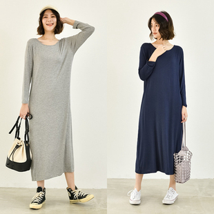 春夏韩版长裙宽松连衣裙莫代尔家居睡裙A型女圆领打底裙长袖大码