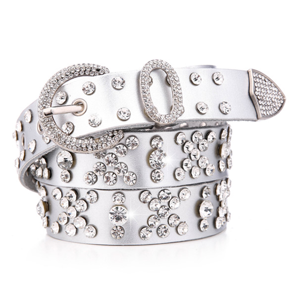 带钻女款真皮水钻镶钻皮带 时尚百搭装饰圆扣 女士针扣牛仔裤腰带