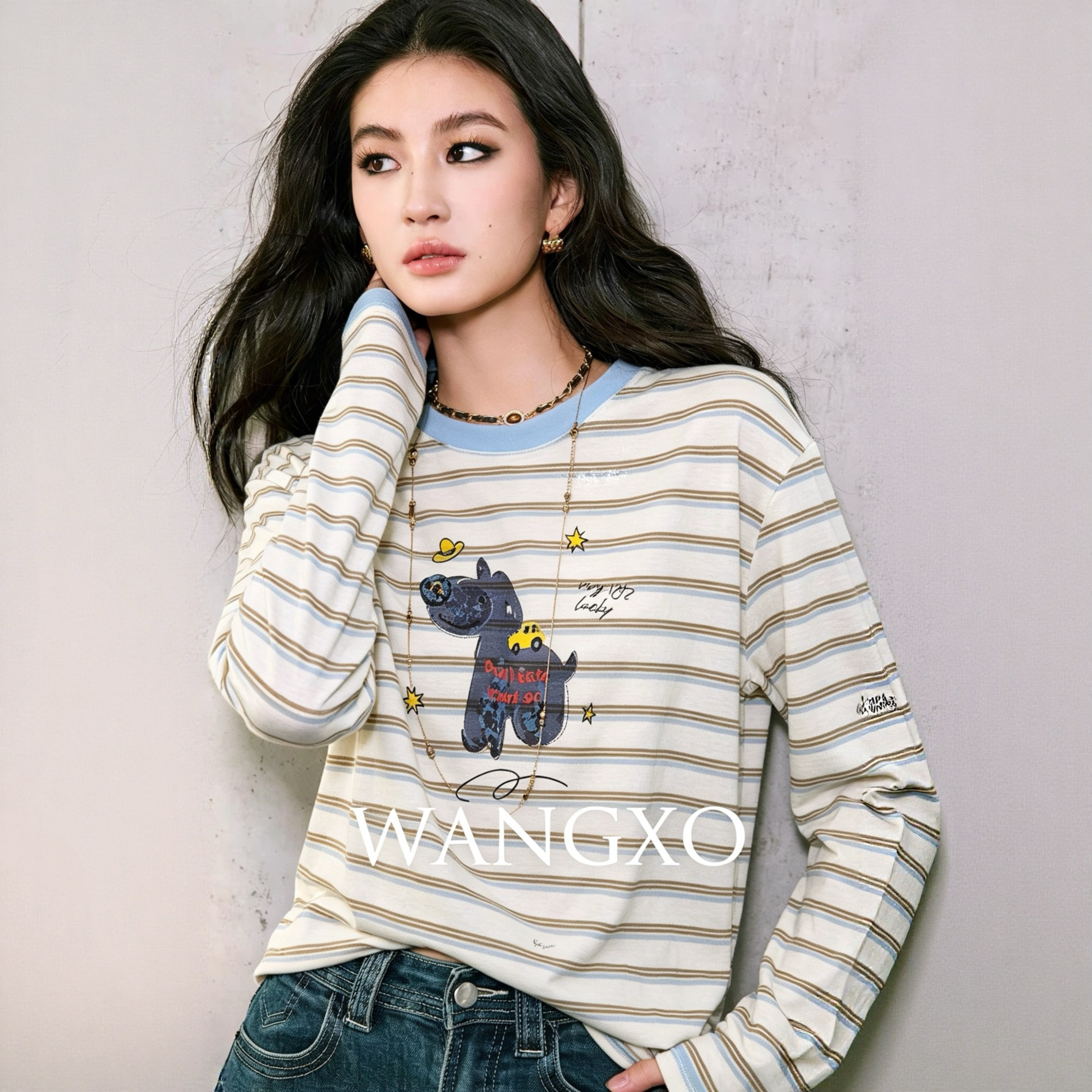 恩佳专享2026新款时尚百搭显瘦油画小狗印花长袖T恤女打底衫9653