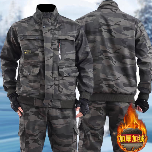 纯棉加绒迷彩服套装男秋冬季
