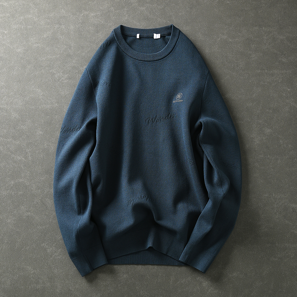 撤柜男装折扣店湖蓝色圆领毛衣男款春秋季休闲男士套头针织衫上衣