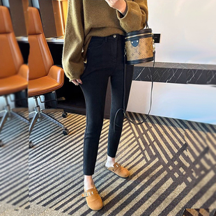 小脚牛仔裤女紧身有弹力秋冬加绒八九分小个子25新款高腰毛边显瘦