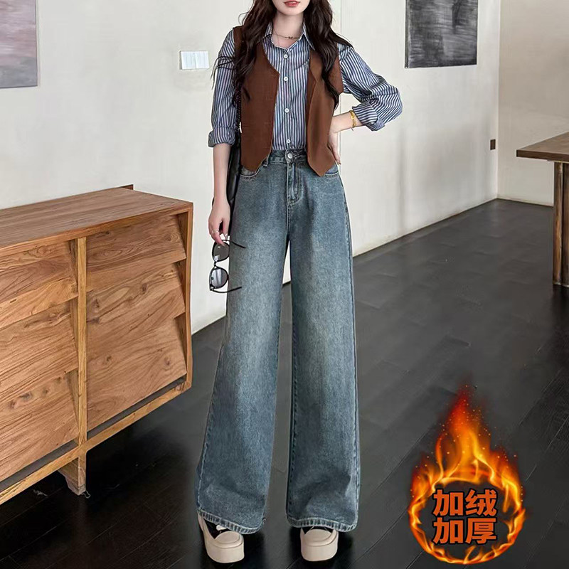 直筒阔腿牛仔裤女春秋无弹力加绒加厚2026新款高腰宽松小个子九分
