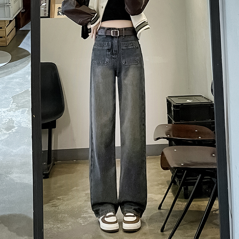 牛仔裤女直筒无弹力春秋宽松窄版阔腿小个子加长高腰2025新款深色
