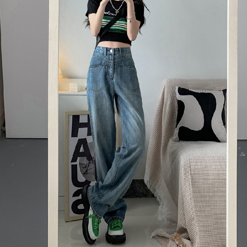 牛仔裤女无弹力直筒深蓝色阔腿窄版设计感夏天高腰小个子长裤2025