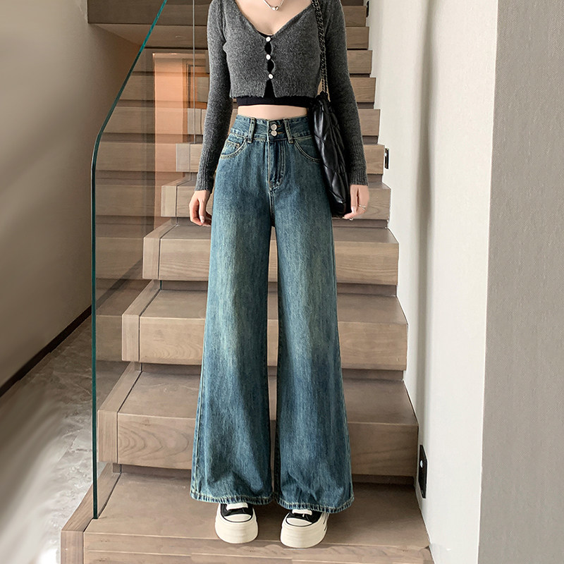 高腰阔腿牛仔裤女无弹力直筒春夏26小个子九分宽松复古深蓝黑色秋
