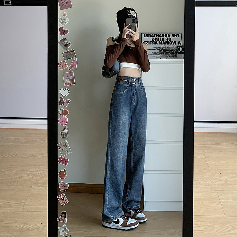 高腰无弹力牛仔裤女直筒春秋26新款九分小个子窄版阔腿深蓝色加长