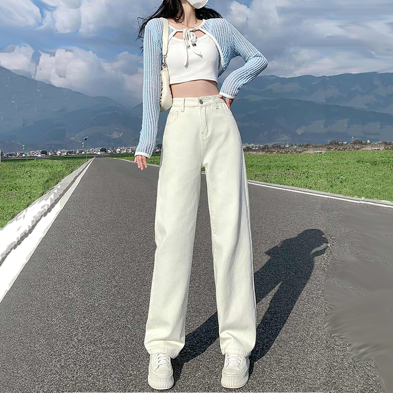 直筒无弹力牛仔裤女夏天新款窄版烟管宽松白色小个子软25加长新塘